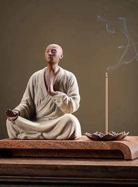 中式禅意紫砂小和尚摆件家用室内佛系装饰工艺品茶室桌面陶瓷茶宠