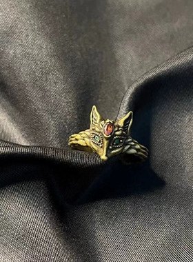 中古vintage黑金色复古立体狐狸戒指栩栩如生高级酷飒食指戒饰品