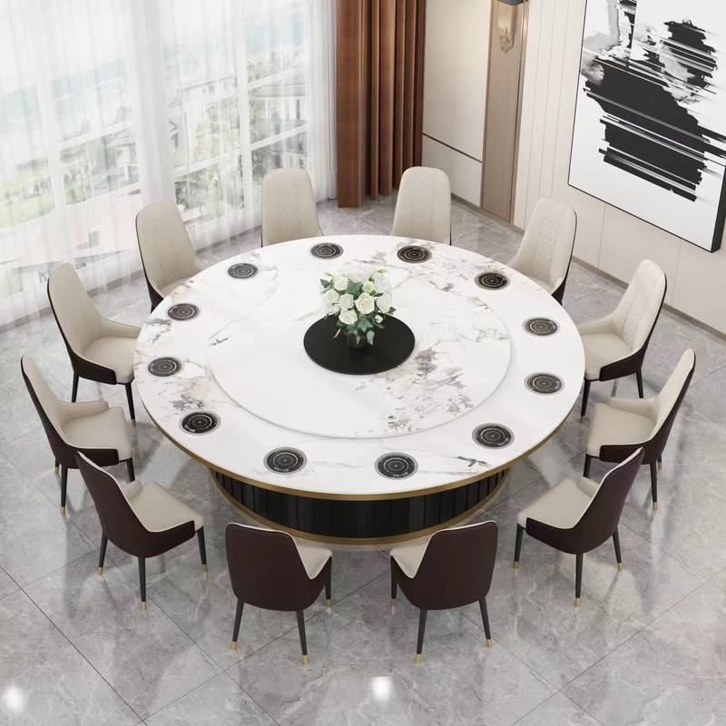 新中式酒店餐桌电动转盘带电磁炉大圆桌包厢16人20人岩板圆桌餐椅,淘宝优惠券,粉丝福利购,淘宝优惠卷