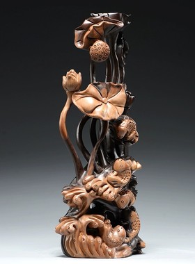 黑檀木雕刻年年有鱼根雕荷花摆件家居根雕装饰工艺品新婚乔迁送礼