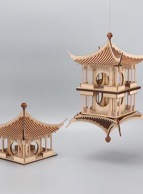现代新中式创意木质凉亭建筑屋檐客厅玄关家居禅意软装饰品摆件
