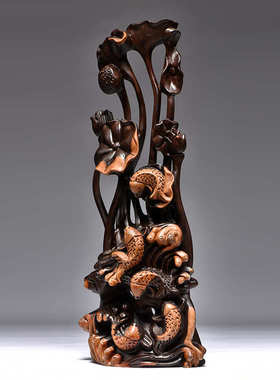 黑檀木雕刻年年有鱼根雕荷花摆件家居客厅玄关装饰工艺品乔迁送礼