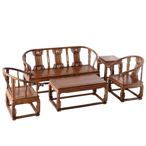 中式实木皇宫椅沙发五件套榆木仿古小户型客厅沙发茶几组合家具 - 图0