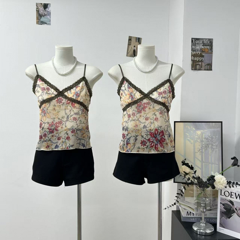 เสื้อชั้นในผู้หญิง แต่งขอบลูกไม้สีขาว พิมพ์ลายดอกไม้ย้อนยุค “Eden Garden Flower Feast” รุ่นใหม่สำหรับฤดูร้อน เสื้อตัวสั้นทรงสลิม
