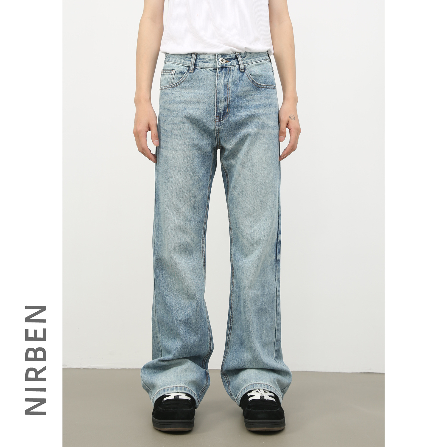 Nirben Denim | กางเกงยีนส์ไมโครฮอร์นแนวไฮสตรีทอเมริกัน สำหรับผู้ชาย กางเกงขาตรงทรงหลวมซักน้ำสไตล์เรโทร รุ่นใหม่