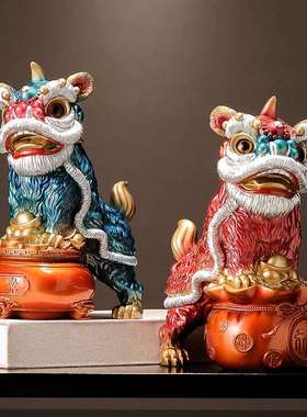 国潮醒狮招财摆件一对客厅家居玄关酒柜桌面装饰品乔迁开业礼物