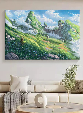 美式山间云海手绘油画客厅抽象绿色风景装饰画壁画玄关治愈系挂画