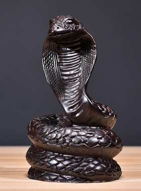 黑檀木雕蛇摆件实木十二生肖木制蛇眼镜蛇家居补角装饰红木工艺品