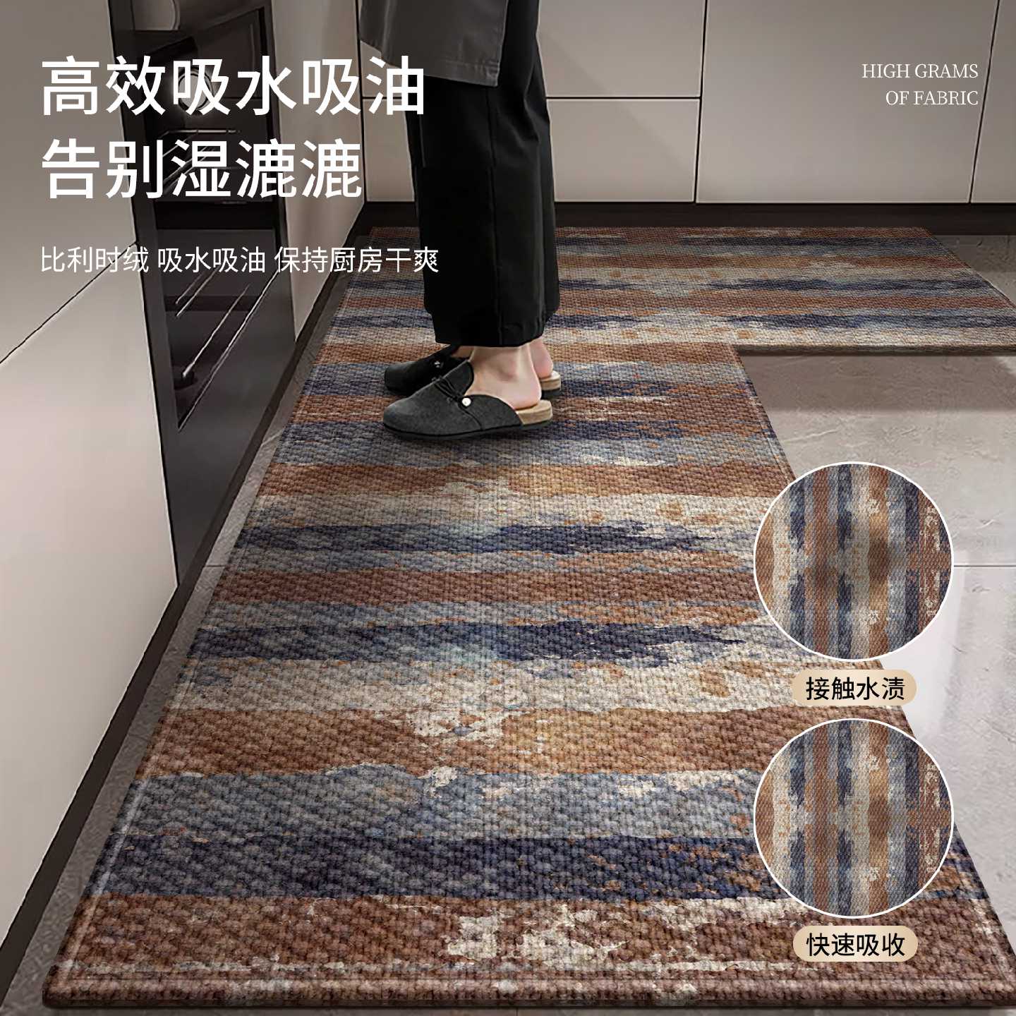 Special kitchen floor mat, oil-absorbent, non-slip, wipeable and wash-free, L-shaped monolithic water-absorbent and dirt-resistant corner mat, customized carpet