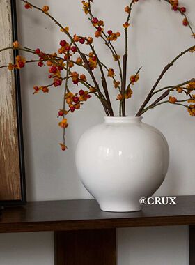 新中式白色陶瓷月亮罐花瓶摆件客厅插花手工圆球形花器侘寂风装饰