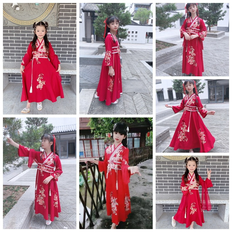 汉服女童唐装儿童长袖古装喜服超仙连衣裙女孩中国风古风生日古装