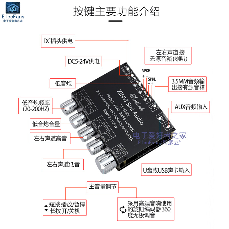 2.1声道 蓝牙音频功放板模块高低音调重低音炮喇叭音箱XY-S100L