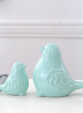 陶瓷摆件生产批发工艺品白法式装饰喜鹊美式蓝色小鸟动物绿小号