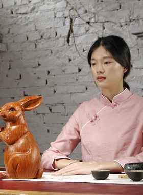 花梨木雕兔子摆件实木质动物生肖兔家居客厅办公室装饰红木工艺品