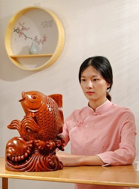 花梨木雕刻年年有鱼摆件红木家居客厅玄关装饰工艺品开业乔迁送礼