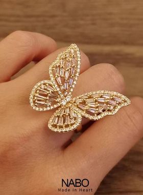 彩钻方钻镂空满天星夸张立体蝴蝶开口戒指女小众设计可调节超仙