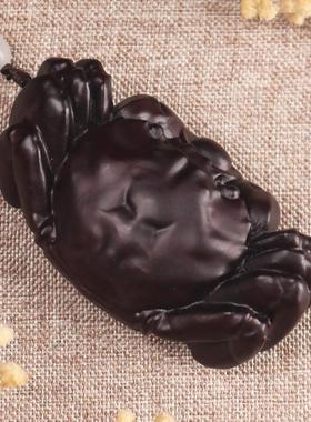 手把件男士随身把玩挂绳黑檀木实木雕刻螃蟹钳手里有钳挂饰工艺品