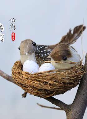 草编鸟窝仿真鸟巢田园风格藤编小鸟手工艺品鸟蛋道具庭院装饰摆件