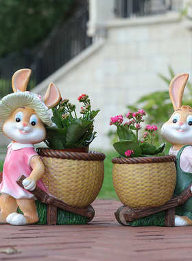 户外卡通小兔子动物花缸雕塑幼儿园花盆别墅庭院花园阳台装饰摆件