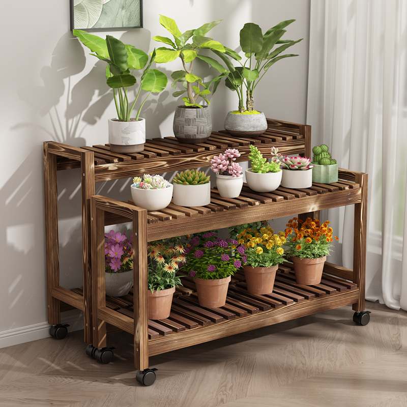 花架置物架阳台移动落地式带轮实木架子客厅室内户外防腐木花盆架 - 图1