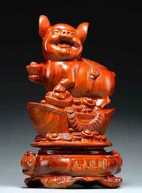 花梨木雕猪摆件动物生肖猪工艺品红木家居客厅装饰店铺开业送礼品