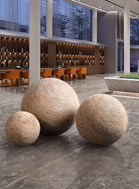 实木雕刻圆木球落地摆件大型雕塑工艺品酒店大堂门店橱窗软装饰品