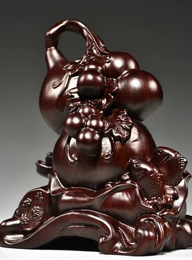 黑檀木雕葫芦摆件福禄有余鱼祝寿送礼品客厅玄关电视柜中式装饰品