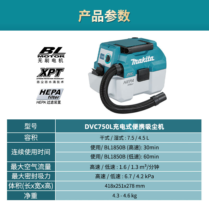 makita18V吸尘器家车用干湿多用无刷吹风机除吸尘器DVC750L - 图1