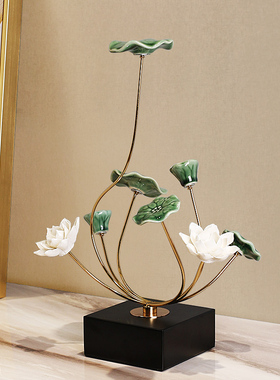 新中式荷花摆件桌面仿真花花艺轻奢陶瓷莲花中国风玄关茶室装饰品