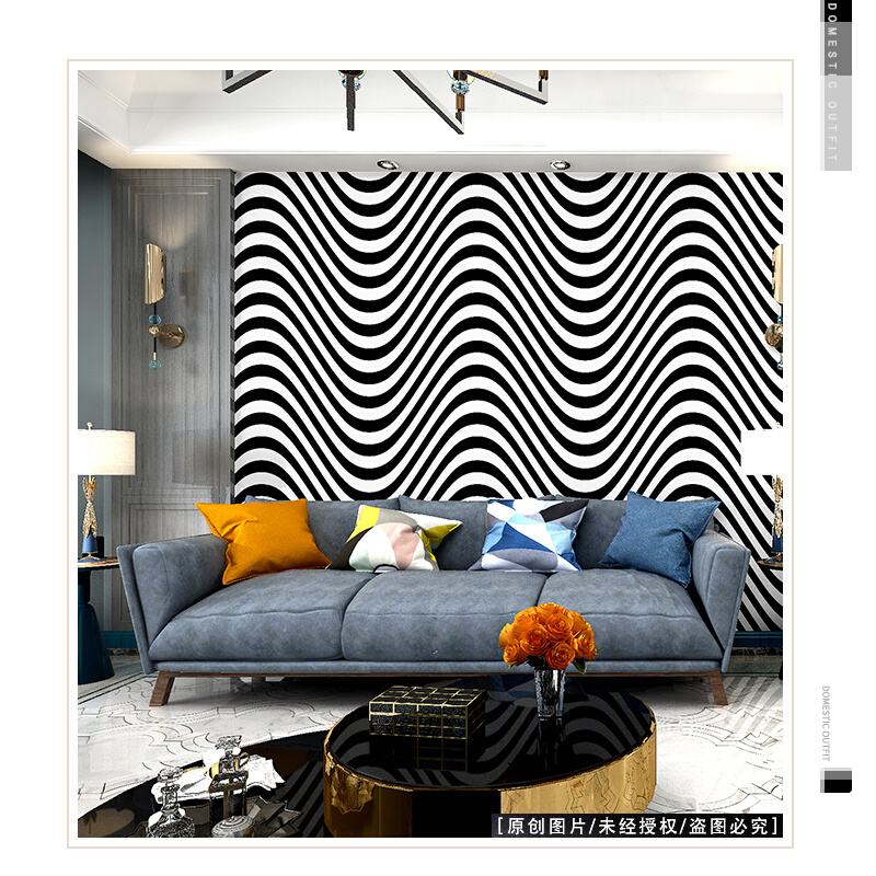 黑白波浪纹壁纸几何图形图案简约现代卧室客厅背景墙曲线条纹墙纸 - 图1