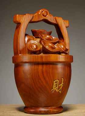 花梨木质雕一桶金聚宝盆摆件家居客厅公司装饰红木工艺品开业送礼