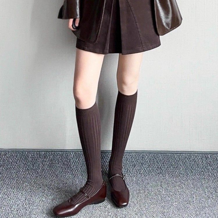 纯色小腿袜子女棕咖色棉袜日系中筒袜jk及膝袜显瘦长筒袜堆堆袜潮 - 图0