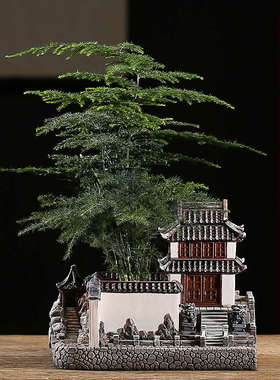 中式苏州园林微景观桌面树脂摆件客厅家居装饰办公室造景房子花盆