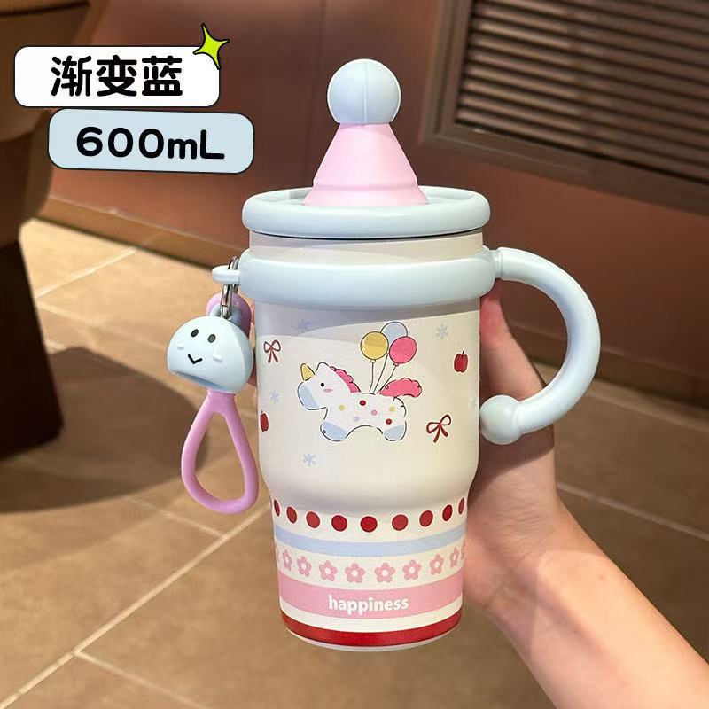 แก้วน้ำเก็บความร้อนลายแมว KT น่ารัก แก้วกาแฟสุดชิคสำหรับผู้หญิง พร้อมหูจับและหลอดดูด ผลิตจากสแตนเลส 316