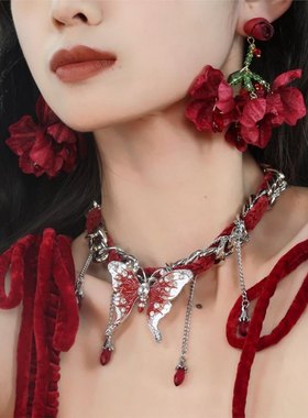 新疆包邮甜酷红色蝴蝶项圈小众个性夸张流苏项链女颈链choker饰品