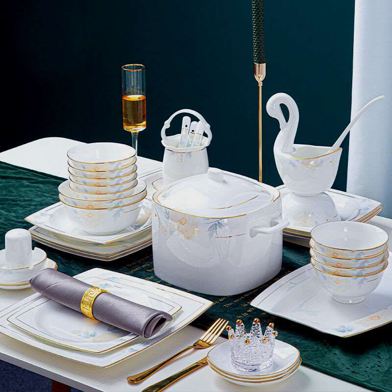 碗具景德镇餐具碗碟套装家用陶瓷碗筷勺盘子碗家庭组合欧式金边/
