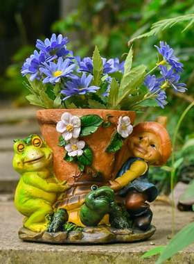 跨境创意青蛙摆件喂鸟器喂食春天园林树脂器工艺品户外花园花盆