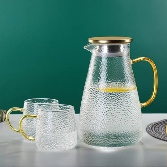 Heat-resistant glass kettle, cold kettle, tea kettle, high temperature resistance, large capacity, hammered gold lid, home hospitality water set