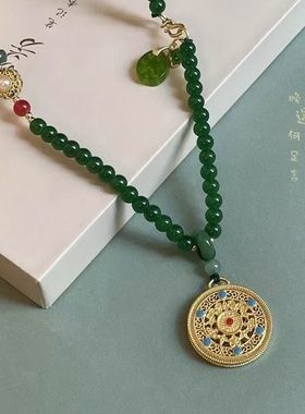 复古民族风五福圆满金色项链女景泰蓝吊坠中式长款毛衣链国风配饰