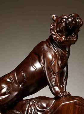 黑檀木雕老虎摆件工艺品十二生肖老虎家居客厅店铺装饰红木工艺品