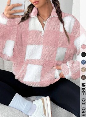 U 96238 Women's Plaid Fleece Hoodie 格子卫衣 跨境欧美