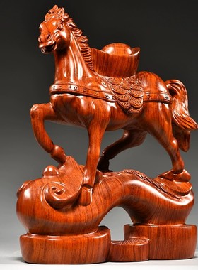 花梨木雕马到成功摆件实木元宝如意马家居客厅装饰红木工艺品送礼