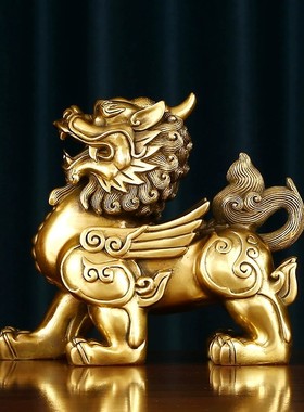 黄铜麒麟摆件一对铜工艺品中式家居办公室桌面公司开业乔迁礼品