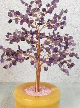 纯绿东陵粉晶紫黄水晶树桃花树黄玉聚宝盆装饰品客厅摆件