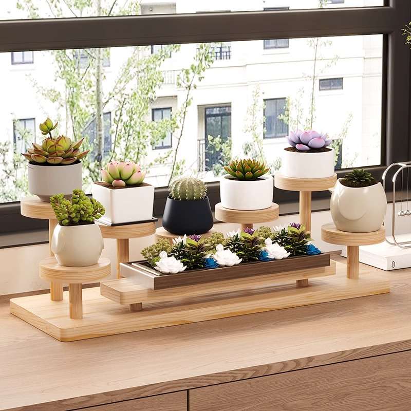 原木桌面置物架办公书桌多层美工区化妆品收纳整理小展示摆件花架 - 图1