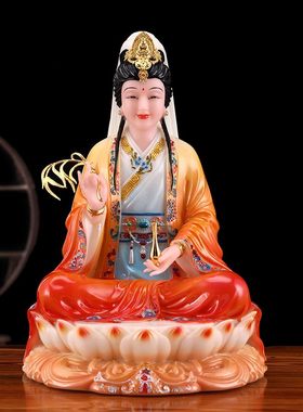 溢彩汉白玉妙善观音佛像家用供奉摆件12寸19寸坐莲观世音菩萨神像