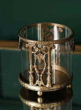 费灵家居欧式复古雕花黄铜玻璃收纳桶化妆刷笔筒桌面轻奢摆件进口