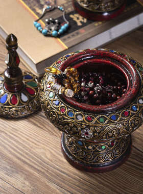 泰式实木金箔收纳盒家居客厅玄关电视柜装饰佛塔摆件东南亚工艺品