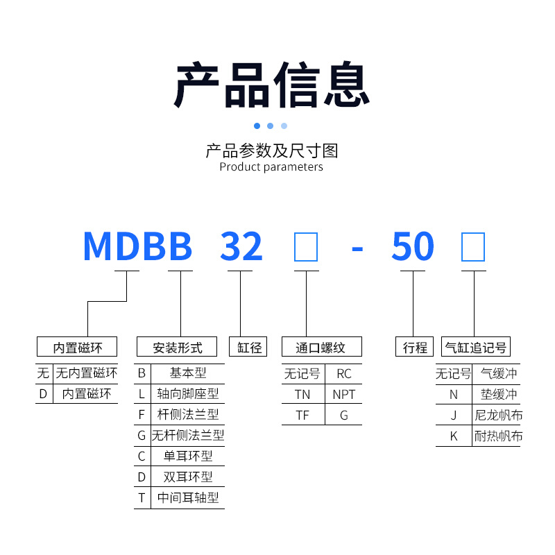 气动气缸长行程加长型全套配件可调行S程双出轴压紧MDB/MB63-25/5 - 图2