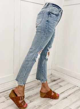 Y 59304 Women's Solid Color Distressed Jeans 纯色破洞牛仔裤